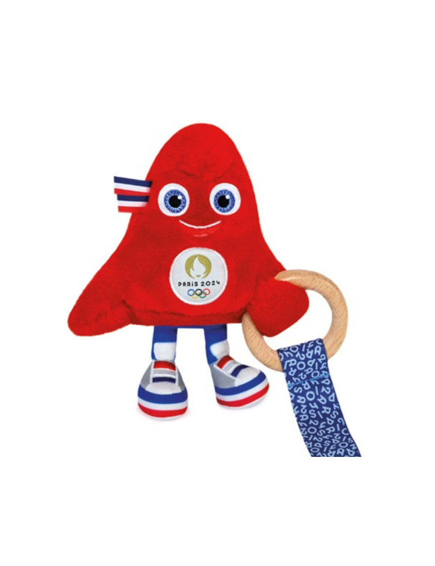 Hochet mascotte jeux olympiques 2024 avec anneau en bois 17 cm