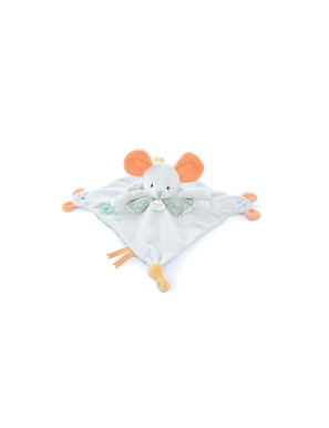 Doudou plat souris blanc avec marionnette à doigt - 30 cm