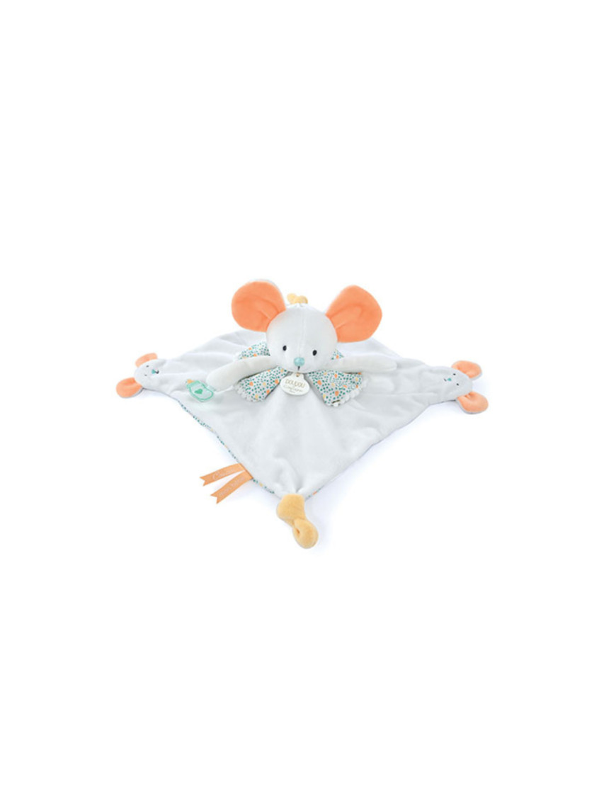 Doudou Et Compagnie - Doudou plat souris blanc avec marionnette à doigt - 30 cm
