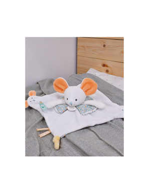 Doudou plat souris blanc avec marionnette à doigt - 30 cm