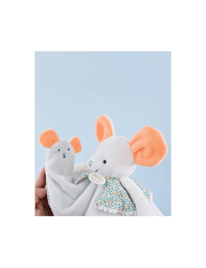 Doudou Et Compagnie - Doudou plat souris blanc avec marionnette à doigt - 30 cm